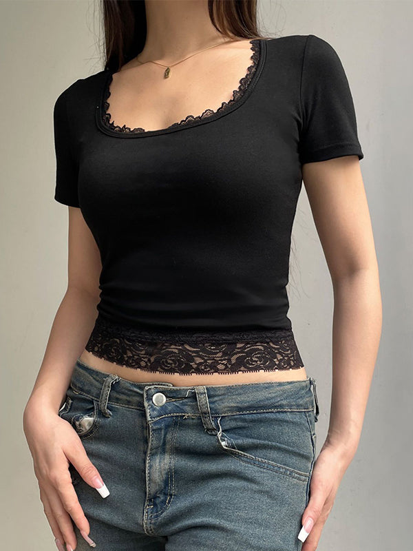 Kurzarm Crop Top mit Eckigem Ausschnitt und Spitzeneinsätzen