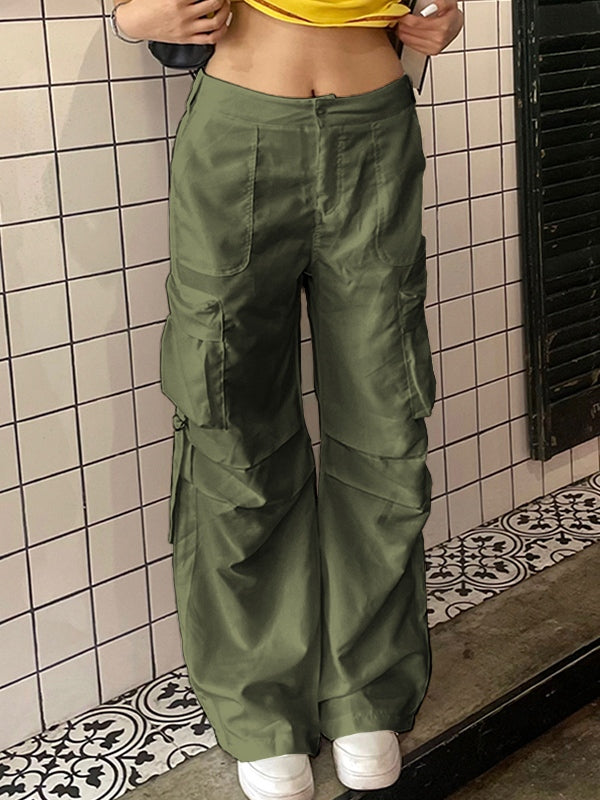 Pantaloni cargo verdi hip pop a vita bassa con zip laterale