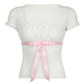 White Y2K Bow Lace Patchwork Bubble Sleeve Top