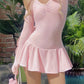 Pink Cute Ruched Ruffle Hem Long Sleeve Slim Mini Dress