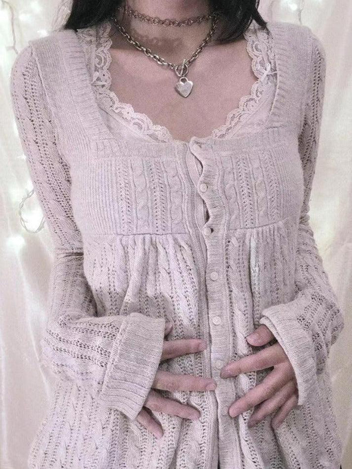 Cardigan pointelle vintage beige con scollo quadrato