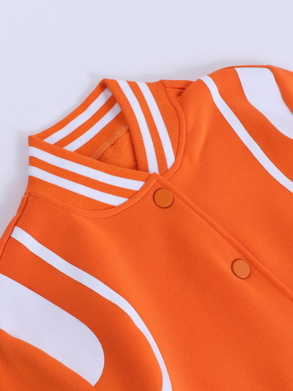 Orange Contrast Color Crop Varsity Jacket