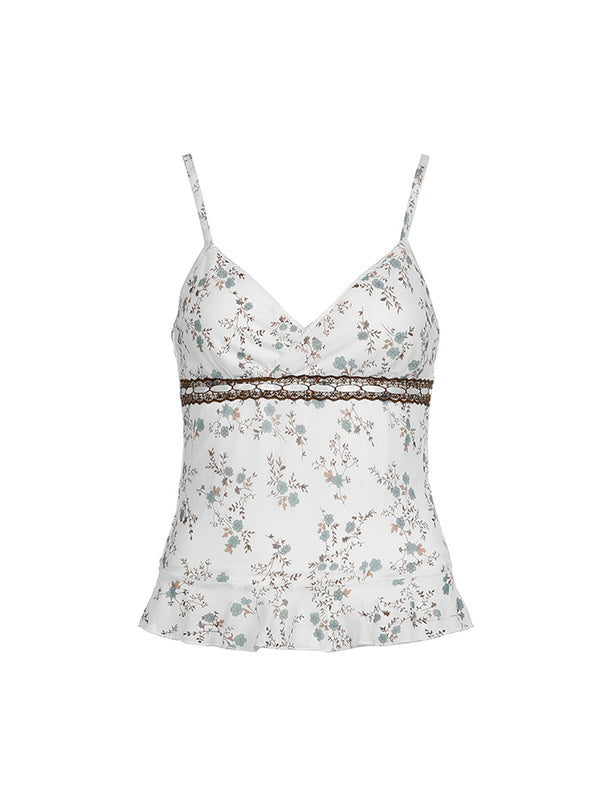 Vintage Lace Stitching Ruffled Perspective Mesh Cami Top