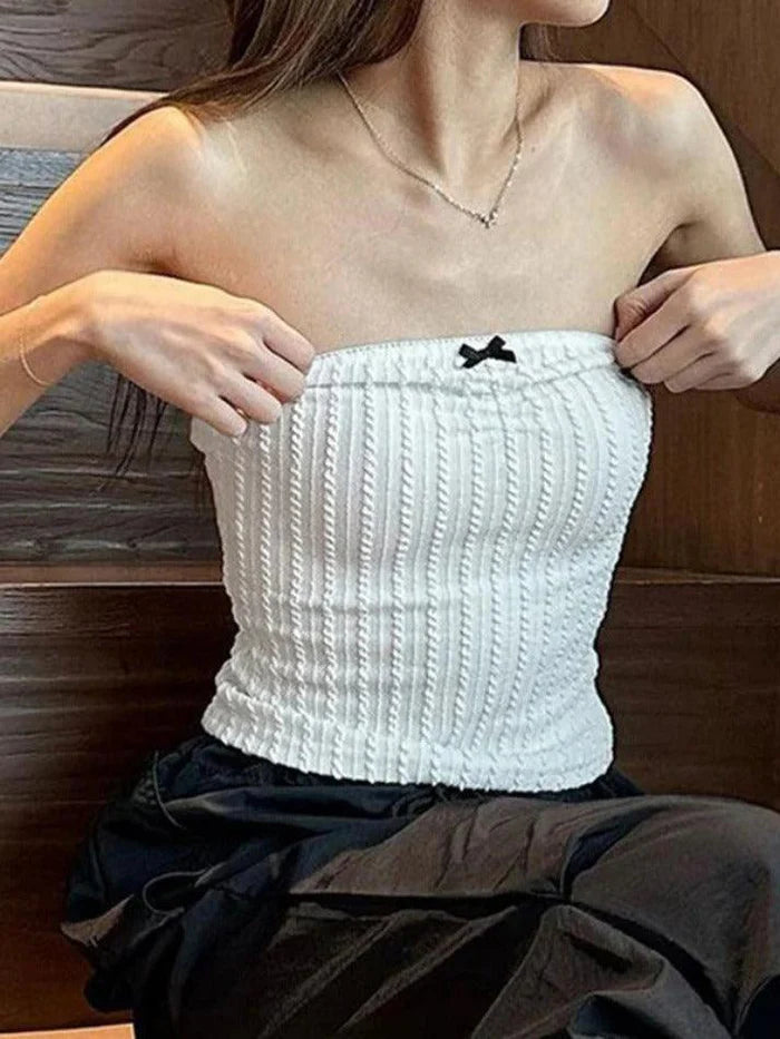 Weißes Französischer Schleife Bandeau Top mit Textur