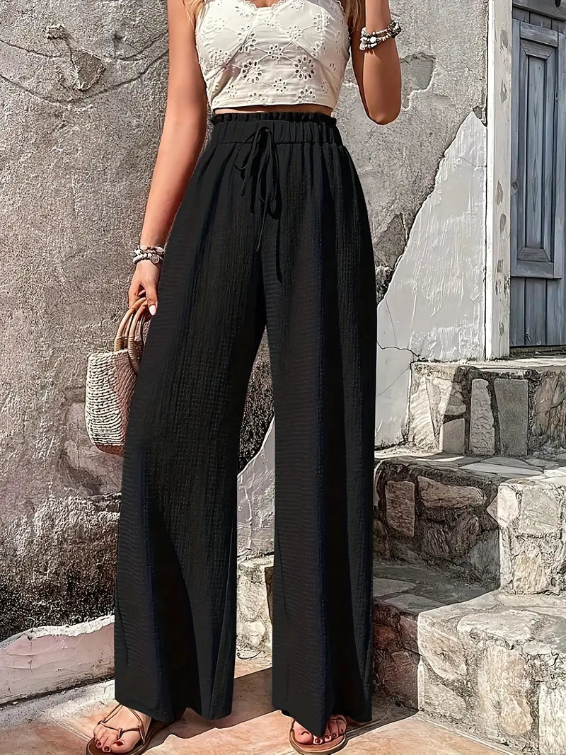 Pantaloni casual con coulisse tinta unita a vita alta 