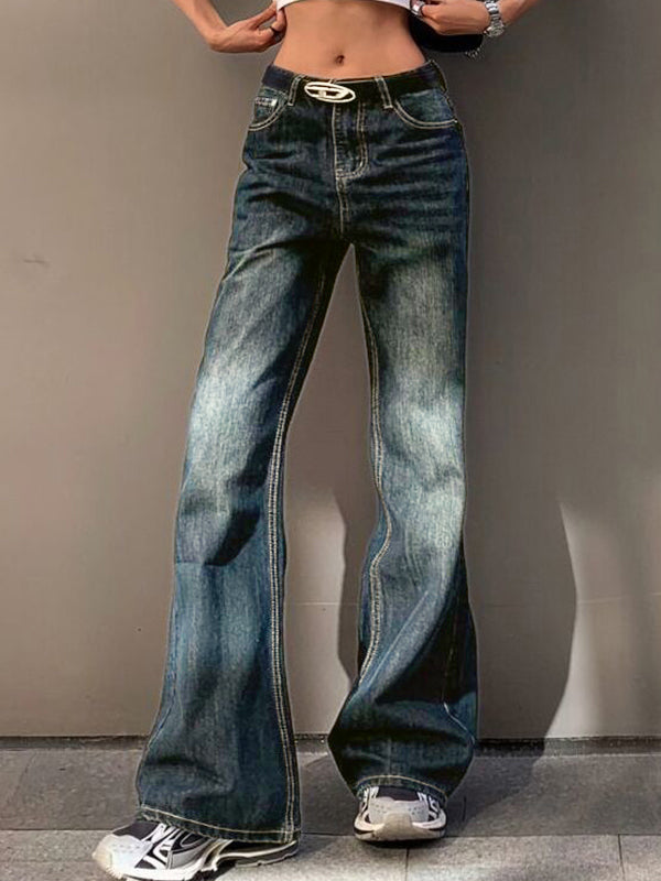 Dark Vintage Washed Ripped Boyfriend Flared Jeans