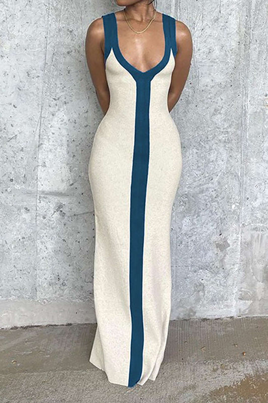 Colorblock Vintage V-neck Knitted Slim Split Maxi Dress