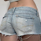 Blau Vintage Tief Sitzende Fransendenim Shorts