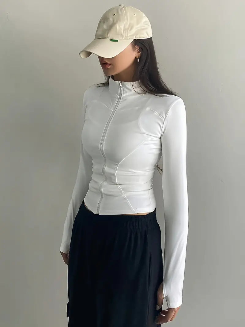 White Retro Zipper Stand Collar Top with Long Sleeves 