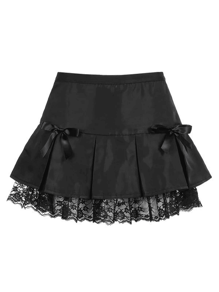 Black Y2k Bow Lace Pleated Mini Skirt