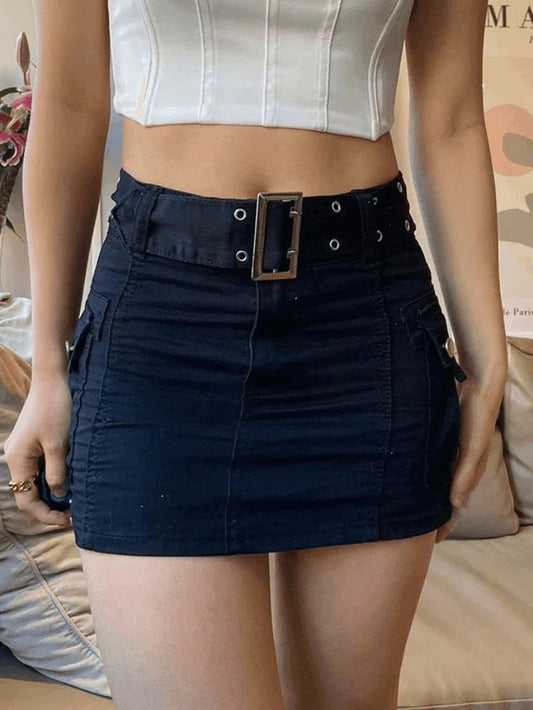 Black vintage denim cargo mini skirt with buckle belt