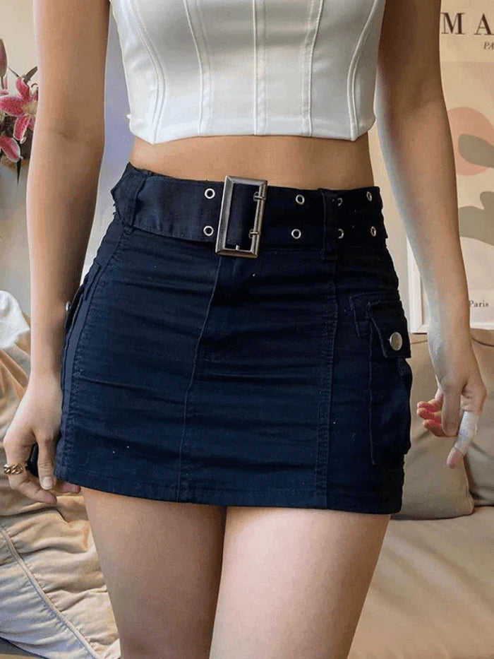 Black vintage denim cargo mini skirt with buckle belt