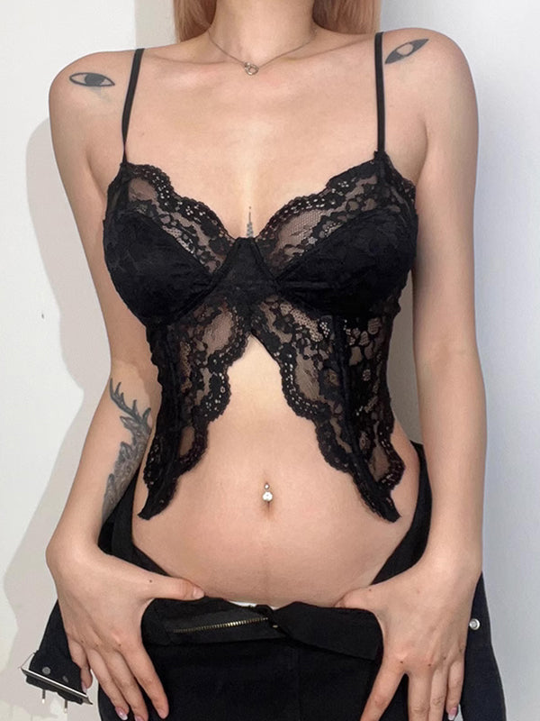 Top a corsetto con spacco e scollo a V in pizzo nero sexy