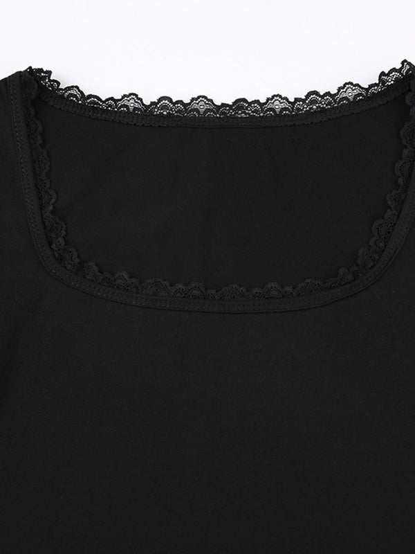 Short sleeve crop top with square neckline and lace inserts 