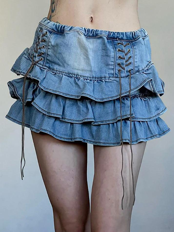 Minigonna in denim a strati a vita alta avvolgente blu vintage