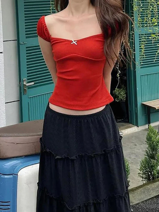 Vintage Cap Sleeve Lace Up Back Bow Crop Top