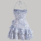 Blue French Floral Halter Dress with Tiered Ruffle Hem 