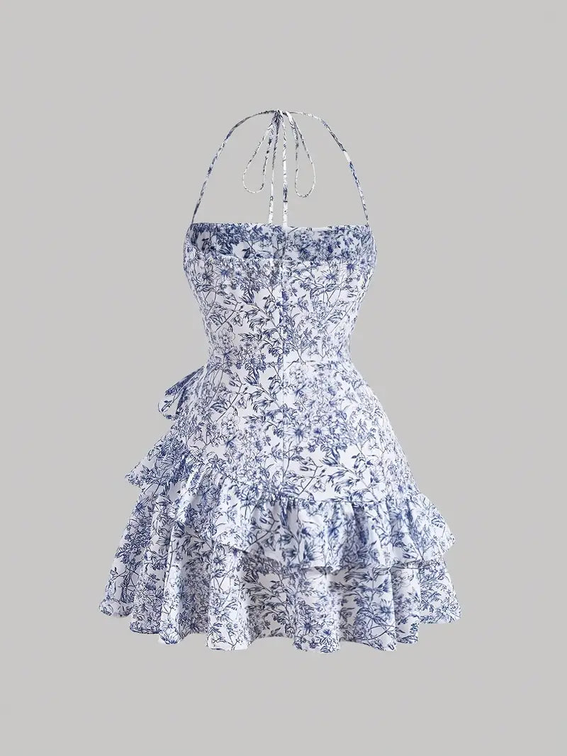 Blue French Floral Halter Dress with Tiered Ruffle Hem 