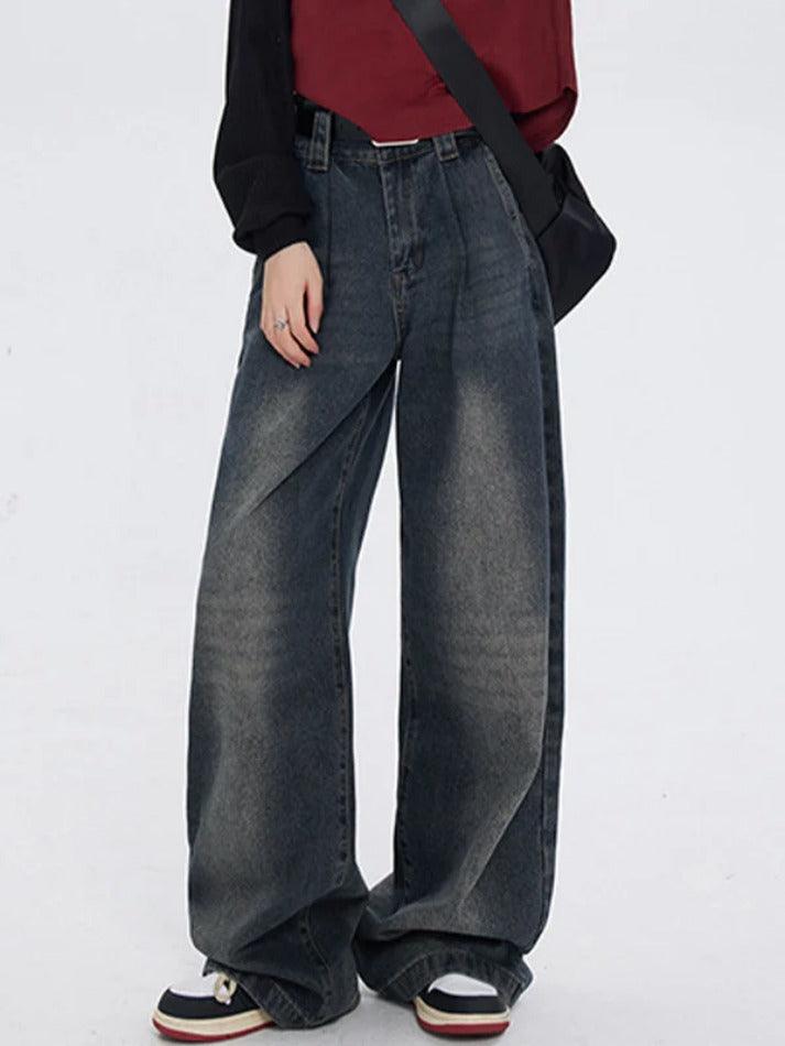 Dunkle Vintage Gewaschene Boyfriend Jeans mit Hoher Taille