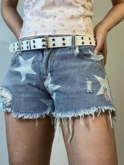 Blaue Y2K Sternenmuster Zerrissene Low Rise Denim Shorts