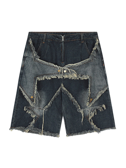 Shorts in denim patchwork vintage con motivo a stelle larghe