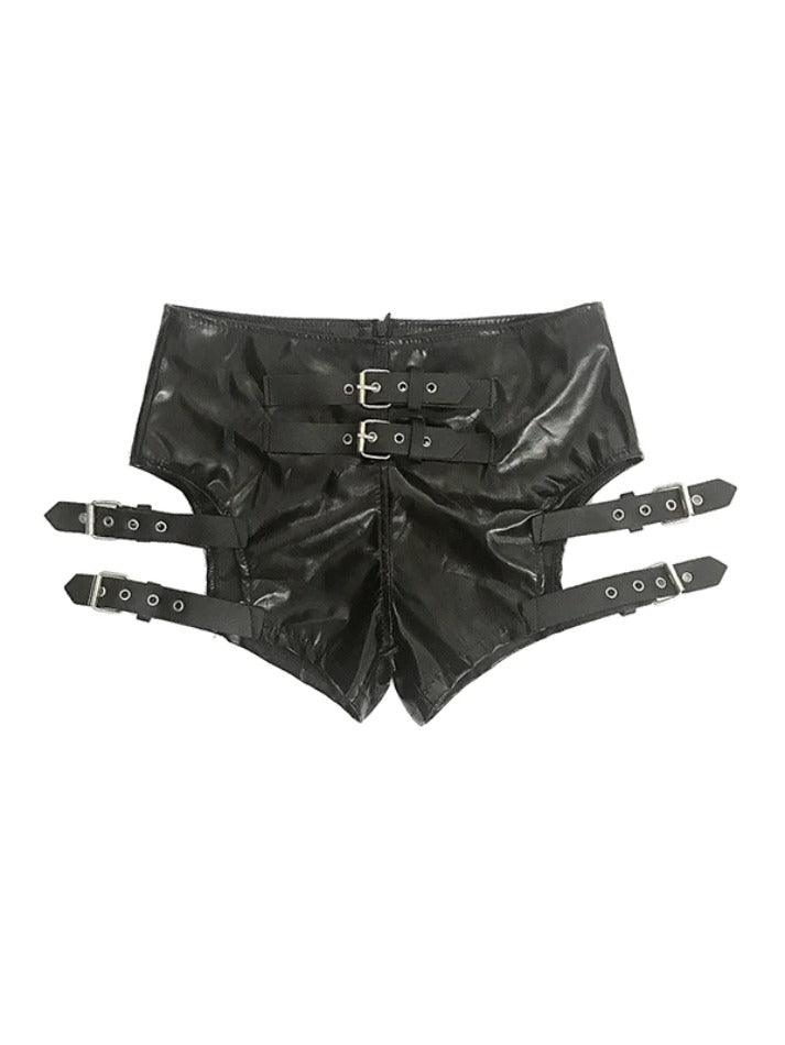 Shorts in pelle nera punk con fibbia