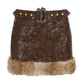 Brown vintage leather mini skirt with fuzzy hem splice and belt