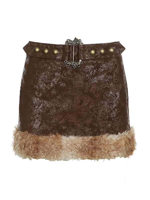 Brown vintage leather mini skirt with fuzzy hem splice and belt