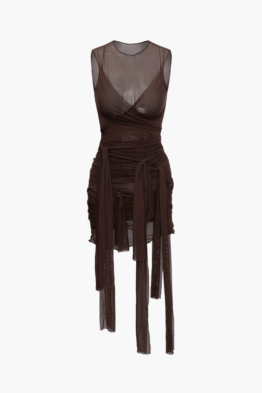 Einfarbiges Sheer Mesh Minikleid mit Schleifenband