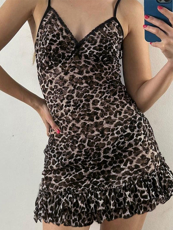 Vintage lace stitching v-neck leopard print mini dress