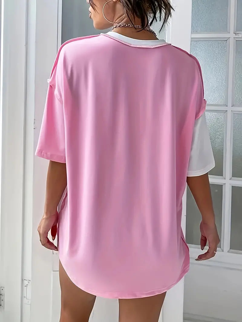 Pink Color Block Oversize Patchwork T-Shirt 