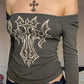 Graues Punk Cross Print Quadratischem Ausschnitt Tiefem Schnitt Langarmshirt