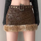 Brown vintage leather mini skirt with fuzzy hem splice and belt