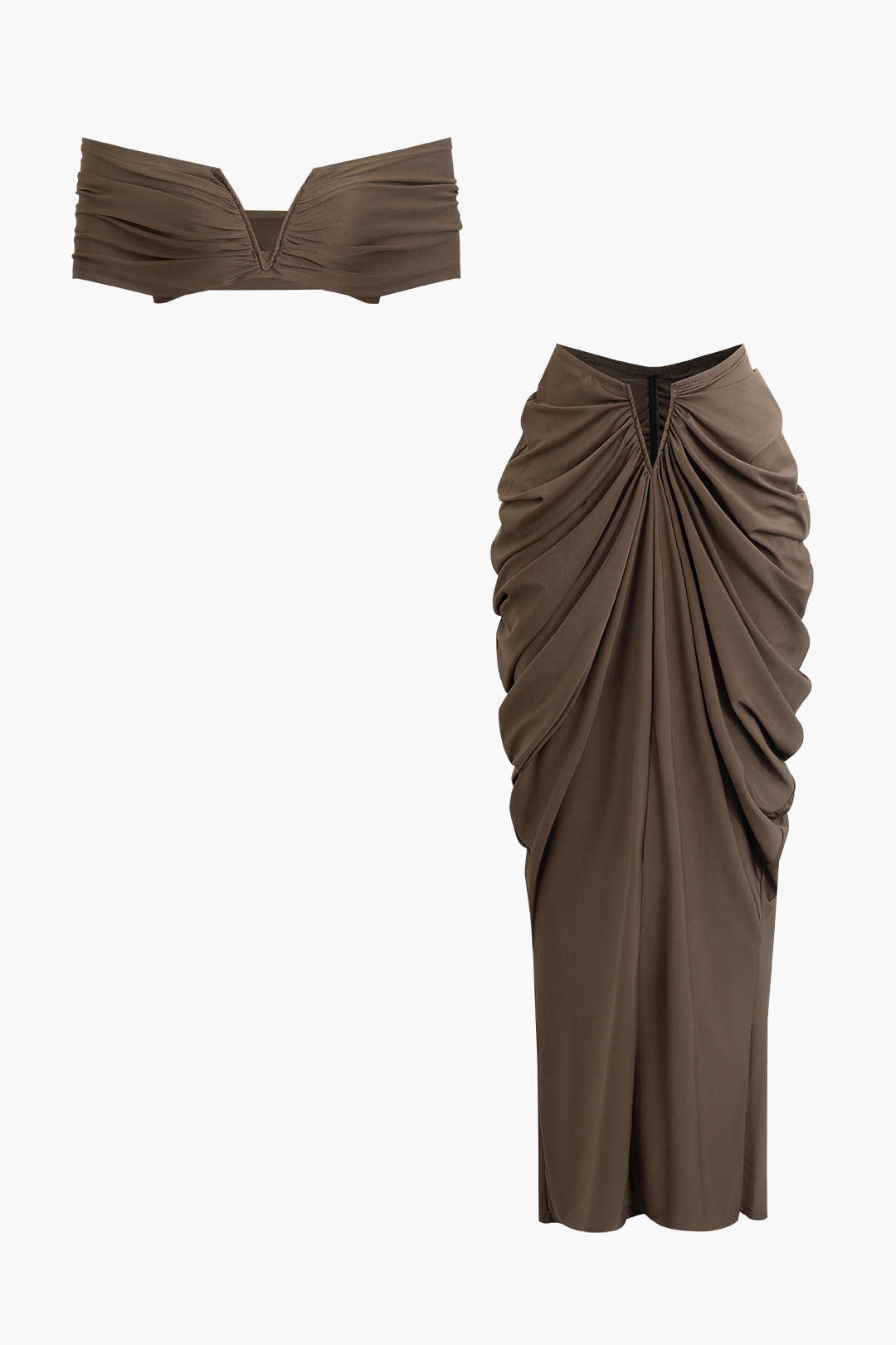 V Neck Gathered Top &amp; V Shaped Waist Cut Maxi Skirt Set