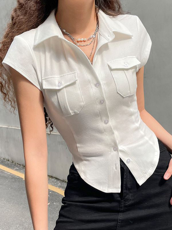 White Y2K blouse with pocket and button placket