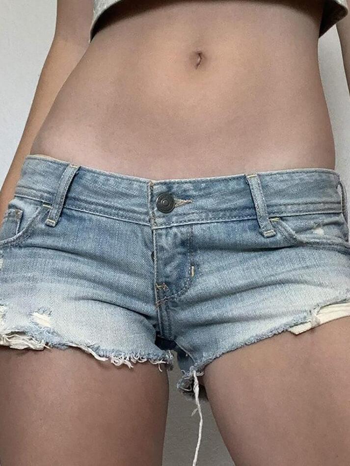 Blue Vintage Low Rise Fringed Denim Shorts