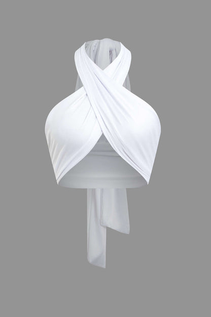 Solid Color Y2k Tie Back Cross Halter Top 