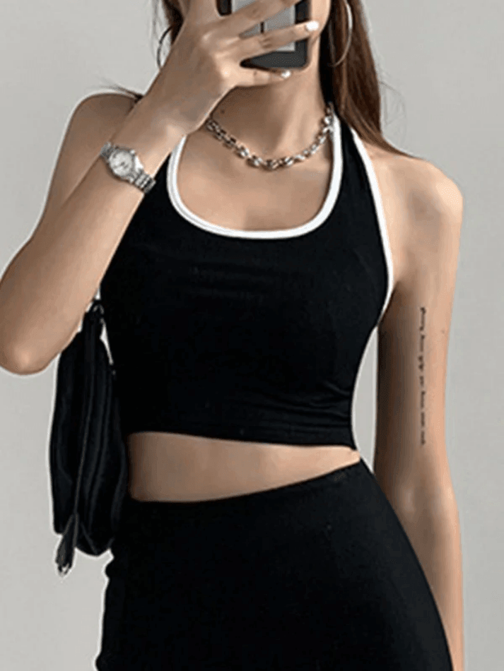 Kontrastfarbe Vintage Trim Cropped Halter Tank Top