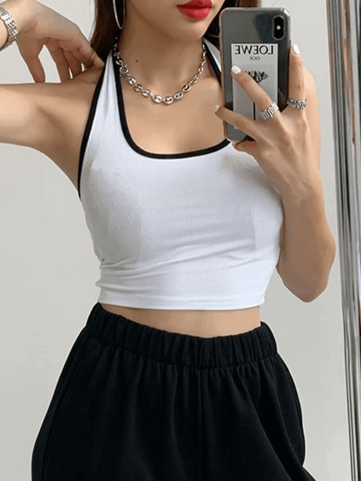 Kontrastfarbe Vintage Trim Cropped Halter Tank Top