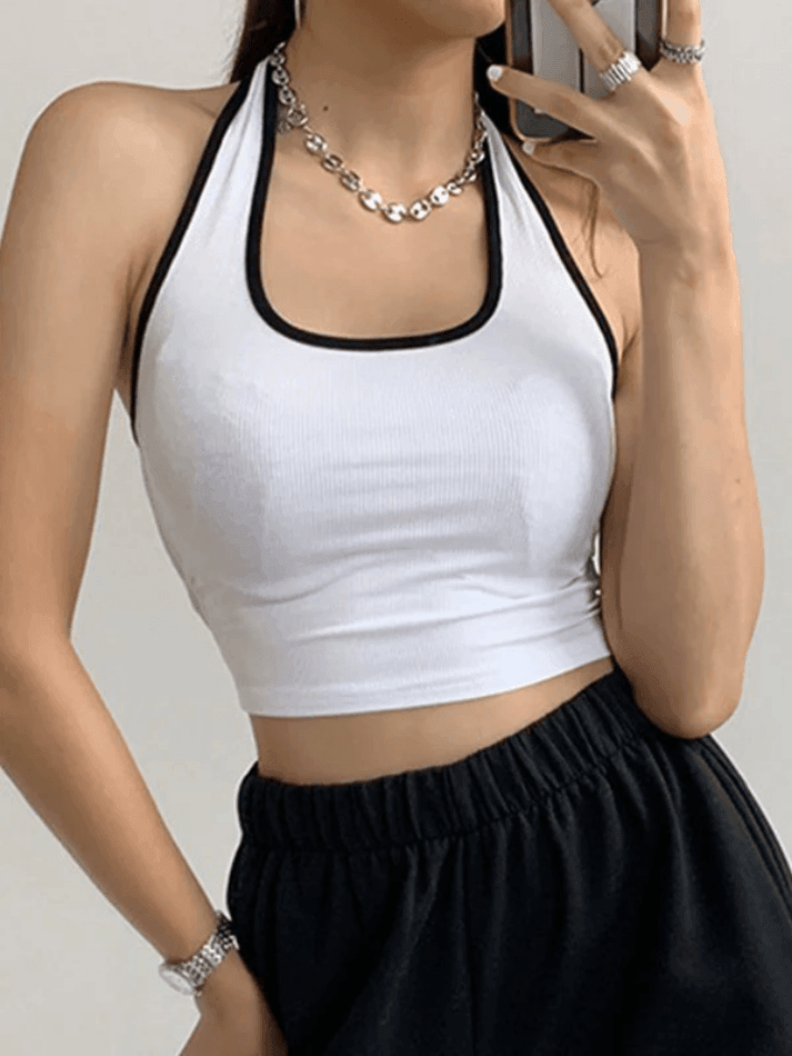 Kontrastfarbe Vintage Trim Cropped Halter Tank Top