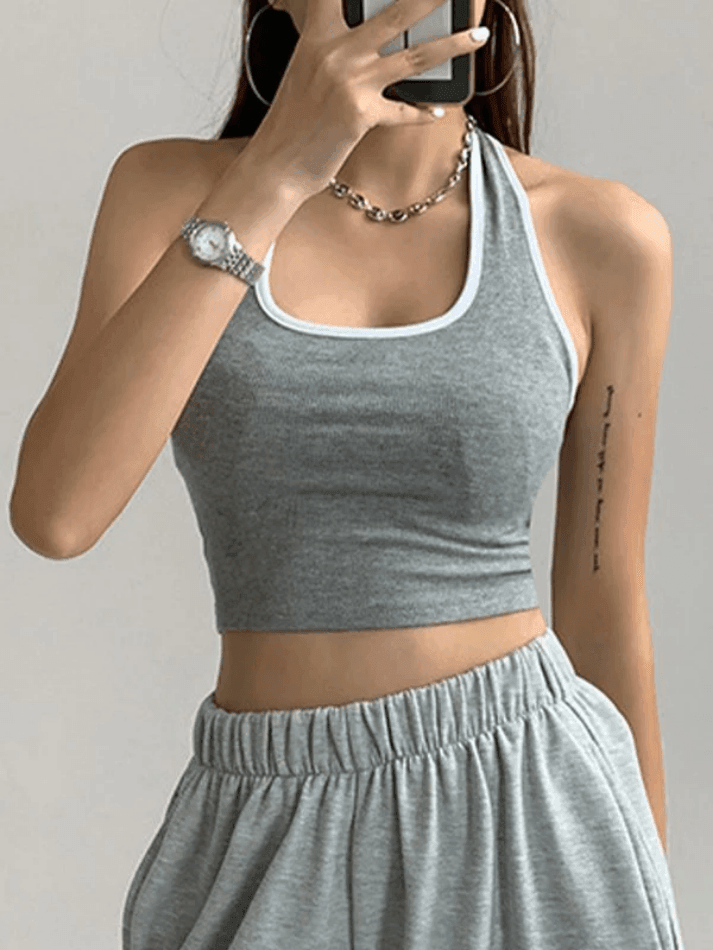 Kontrastfarbe Vintage Trim Cropped Halter Tank Top