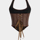 Brown Y2k faux snakeskin lace-up corset cami top 