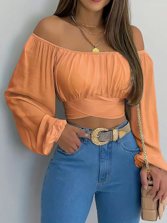 Orange Criss Cross Back Off Shoulder Crop Blouse 