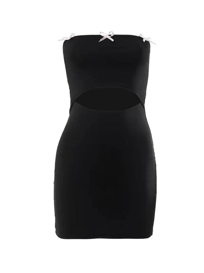 Black Y2K bandeau mini dress with bow decor