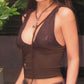 Brown vintage lace splice lace up tank top with v neck