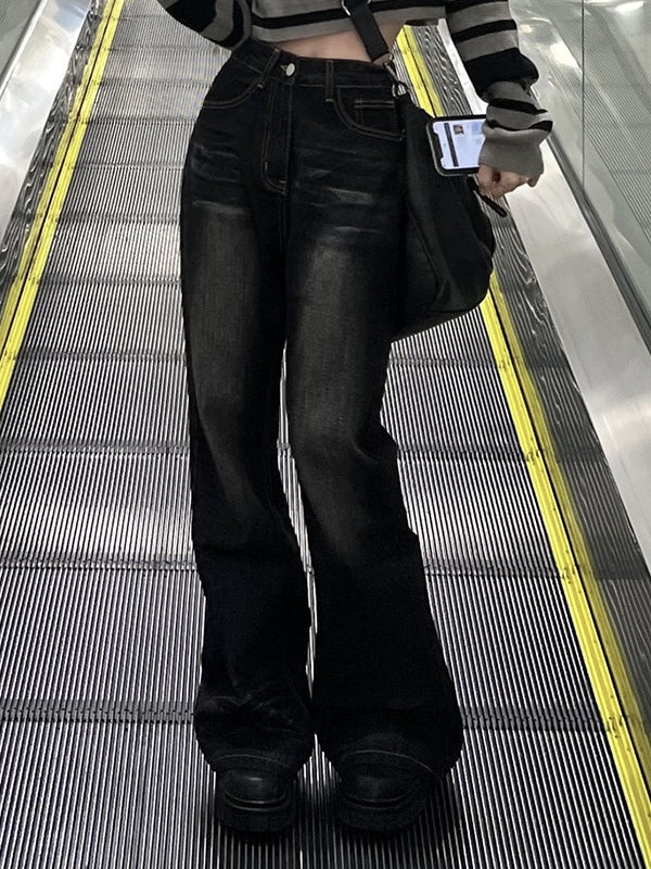 2000er Schwarze Boyfriend Flare Jeans mit verblasstem Effekt