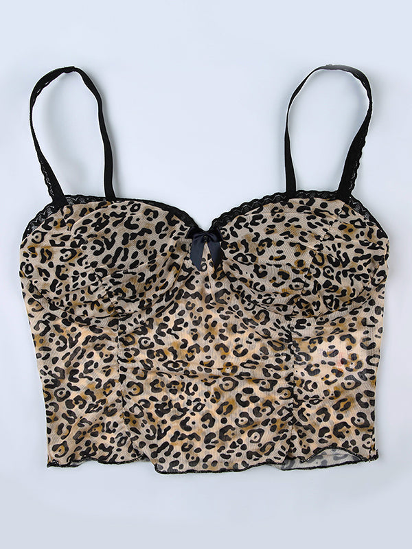 Vintage Bow Lace Splice Leopard Print Cami Top