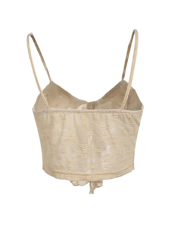 Beige Y2K Spitze Rüschensaum Geknotetes Strick Crop Top