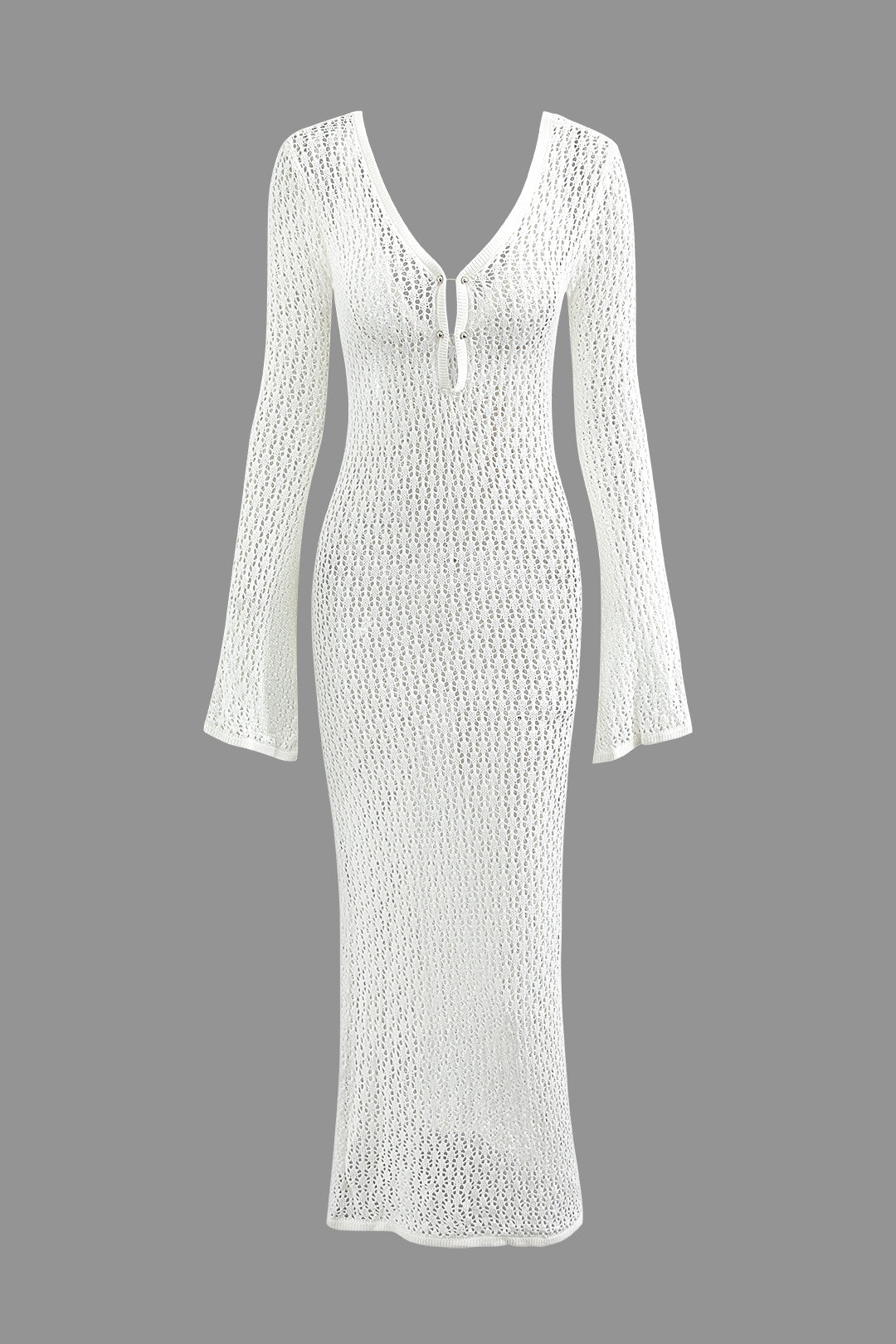 JY White Vintage V Neck Crochet Open Knit Long Sleeve Maxi Dress / White Vintage V Neck Crochet Open Knit Long Sleeve Maxi Dress