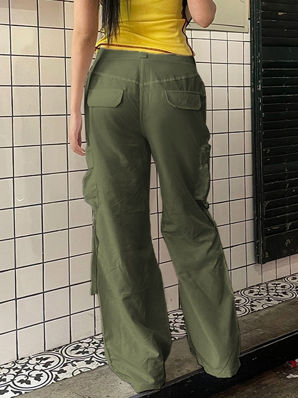 Pantaloni cargo verdi hip pop a vita bassa con zip laterale